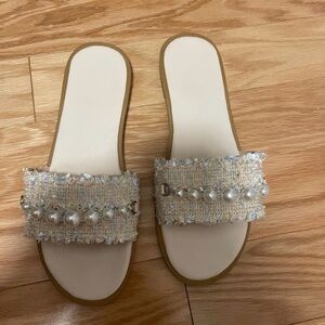 Amazon Cream Tan Sandals with Pearl Embellishments